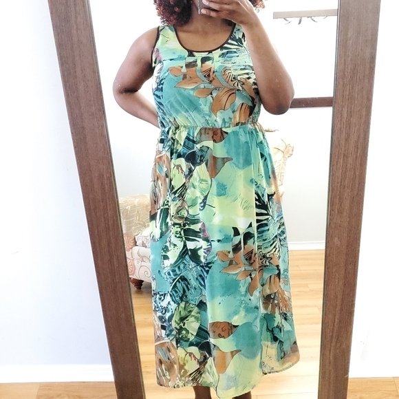 FUN & Flirt Women Sleeveless Green Dress Size Large Tropical Maxi Dress - Picture 7 of 15